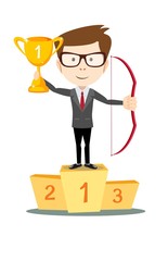 Vector illustration of business man proudly standing , holding up winning trophy and bow. Flat style