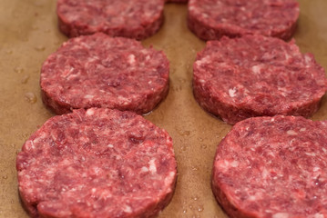 Raw burger cutlets close up