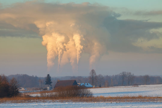 Carbon dioxide emission into atmosphere, Belchatow, Poland