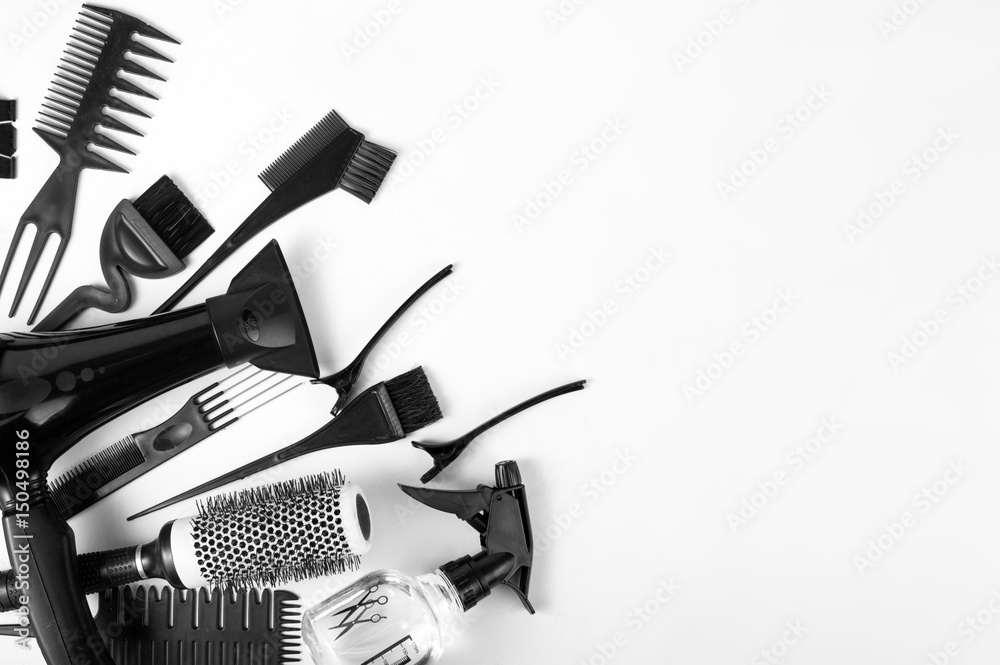 Wall mural set of hairdressers on white background. top view