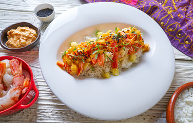 Seafood red curry with shrimps prawns