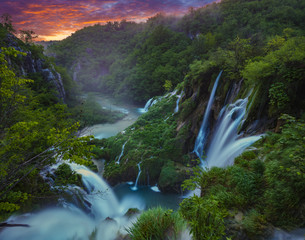 Fairytale, misty morning over waterfalls in Plitvice park, Croatia