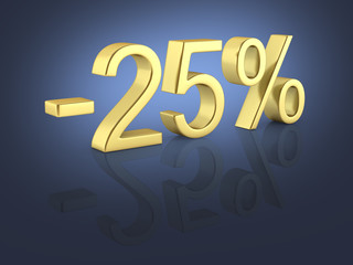 Gold text 25 percent off on dark blue gradient background with reflection 3D render