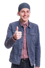 Man in a cap and shirt on a white background