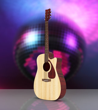 Acoustic guitar on disco ball background 3d