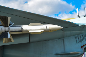 View of missile air-air suspended under the wing of Russian fighter