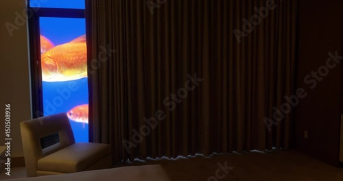 Automatic Drapes Open In An Upscale Bedroom Or Hotel Room To