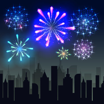 Fireworks over the night city, panoramic cityscape. Vector