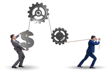 Businessman pulling mechanism and raising dollar