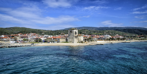 Ancient Ouranoupolis Tower on Athos peninsula in Halkidiki, Greece