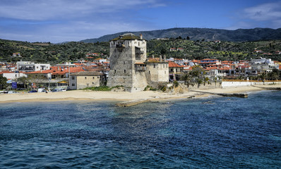 Ancient Ouranoupolis Tower on Athos peninsula in Halkidiki, Greece