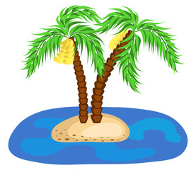 Two banana palm trees on island in ocean.  Vector Illustration