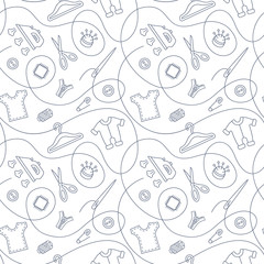 Thin line vector seamless pattern with sewing tools linear icons scattered on white background. Outline seamstress supplies for tailoring and needlework. Handmade kids clothes wrapping paper design.