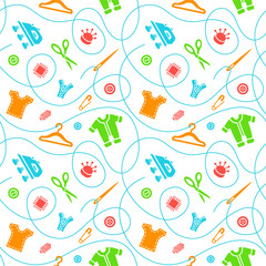 Vector seamless pattern with sewing tools flat icons scattered on white background. Seamstress supplies for tailoring and needlework. Handmade kids clothes wrapping paper design.