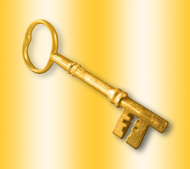 Bright and shining golden key, isolated against the fancy golden background.