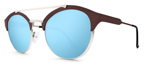 silver and brown sunglasses blue mirror lenses isolated on white background