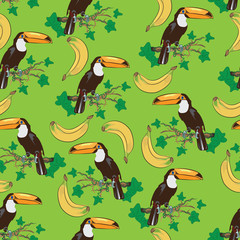 Toucan bird and bananas. Seamless pattern. The nature of the tropics. An exotic bird. Design for banner, poster, textiles, Wallpaper, books, dishes.