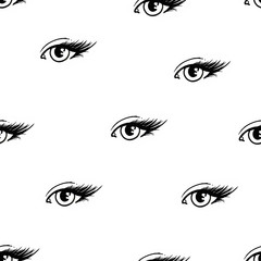 Beautiful open female eyes with long eyelashes is isolated on a white background. Makeup template illustration. Graphic sketch handwork. Seamless pattern for design