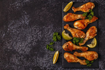 Fried chicken legs, top view.