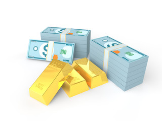 3D rendering of gold bullion and bundles of money