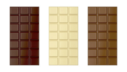White, brown and dark chocolate bars