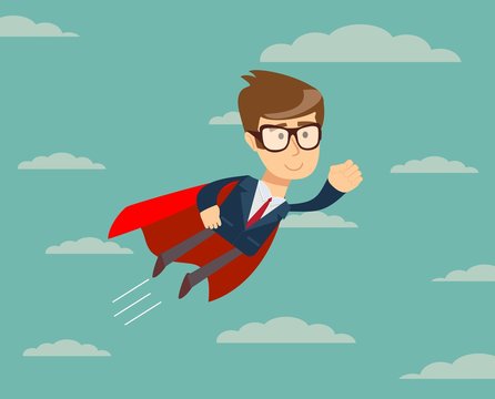 Super Businessman in Red Cape Flying to Success. Business Superhero. Vector illustration