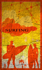 Woman and man posing with surfboard. Vintage Surfing Graphic. Palm and lifeguard tower. Brochure or cover design. Molecule And Communication Concrete Textured Backdrop. Connected lines and dots