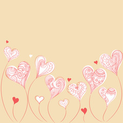 Pattern of red hearts in the form of flowers on a white background