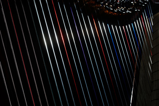 Harp instrument strings closeup. Irish harp music