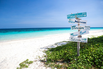 Concept of happiness wooden sign at the white sand beach