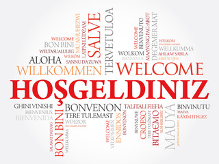 Hosgeldiniz (Welcome in Turkish) word cloud in different languages, conceptual background