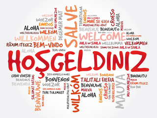 Hosgeldiniz (Welcome in Turkish) word cloud in different languages, conceptual background