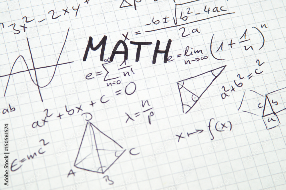 Fototapete word math in handwriting on checkered paper with misc algebra notes background
