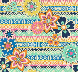cute flowers over tribal print - seamless background