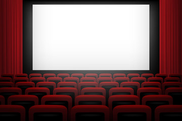 Movie theatre background with white screen red curtains and chairs.