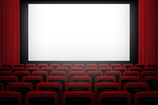 Movie theatre background with white screen red curtains and chairs.
