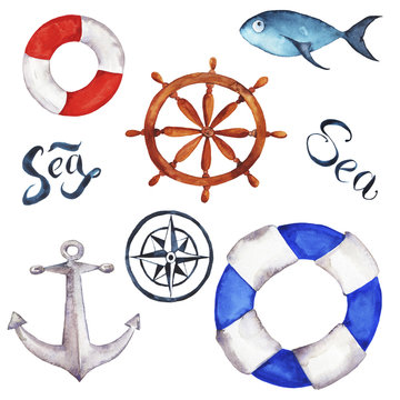 Set of marine fish, lifebuoys, compass, handwheel and anchor isolated on white background. Hand lettering. Hand drawn watercolor illustration.