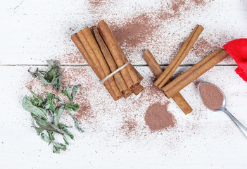 Cinnamon sticks and cocoa powder