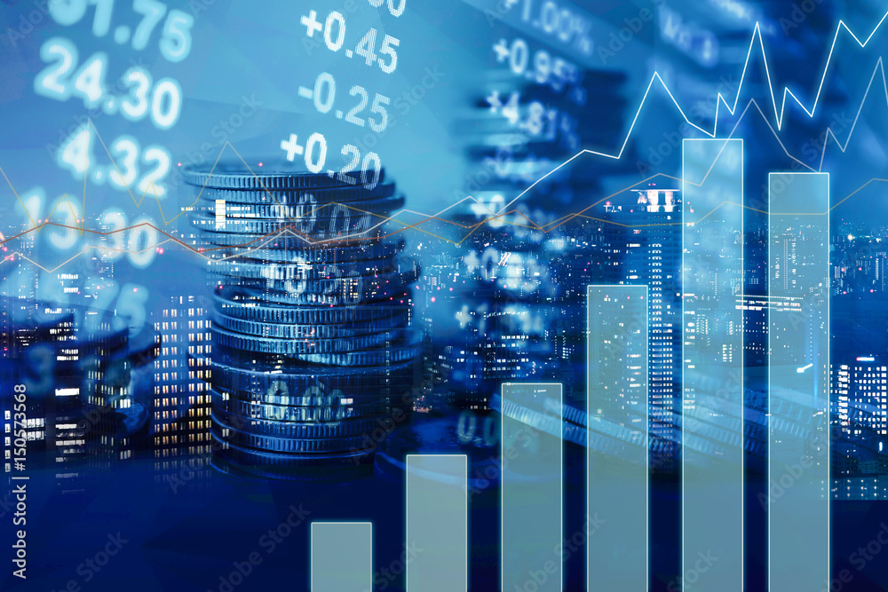 Fototapete double exposure of graph, stock display and rows of coins for finance and banking concept