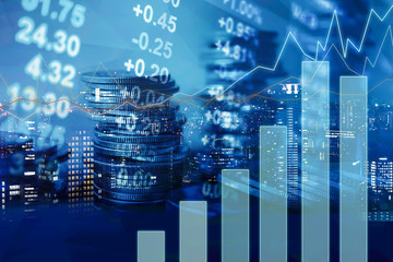 Double exposure of graph, stock display and rows of coins for finance and banking concept

