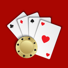 Set of simple playing cards with casino chips on red background, vector illustration