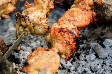 Chicken meat on skewers over charcoal 