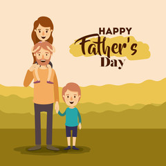 colorful background landscape with girl in shoulders of dad and kid of the hand on the fathers day vector illustration
