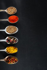 spoons with salt and spices on black chalkboard