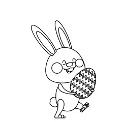 cute easter bunny holding egg spring party line vector illustration