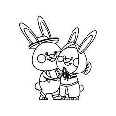 lovely couple easter bunny together line vector illustration