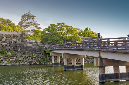 Old wooden bridge to Osaka Castle, Japan most famous historic landmark in Osaka City, Japan