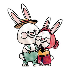 drawing lovely couple easter bunny together vector illustration