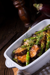 Baked eggplant with green asparagus