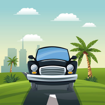 Car Travel Vacation Road Landscape City Background Vector Illustration